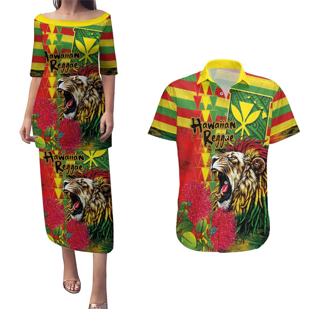 Hawaiian Reggae Couples Matching Puletasi and Hawaiian Shirt Kakau Art Motifs with Ohia Lehua and Rastafari Lion - Polynesian Pride