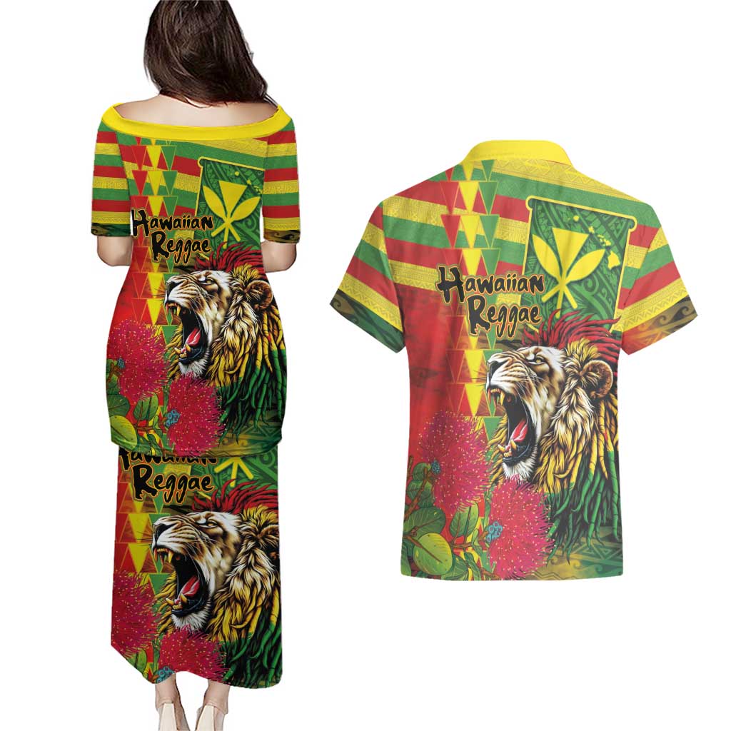 Hawaiian Reggae Couples Matching Puletasi and Hawaiian Shirt Kakau Art Motifs with Ohia Lehua and Rastafari Lion - Polynesian Pride