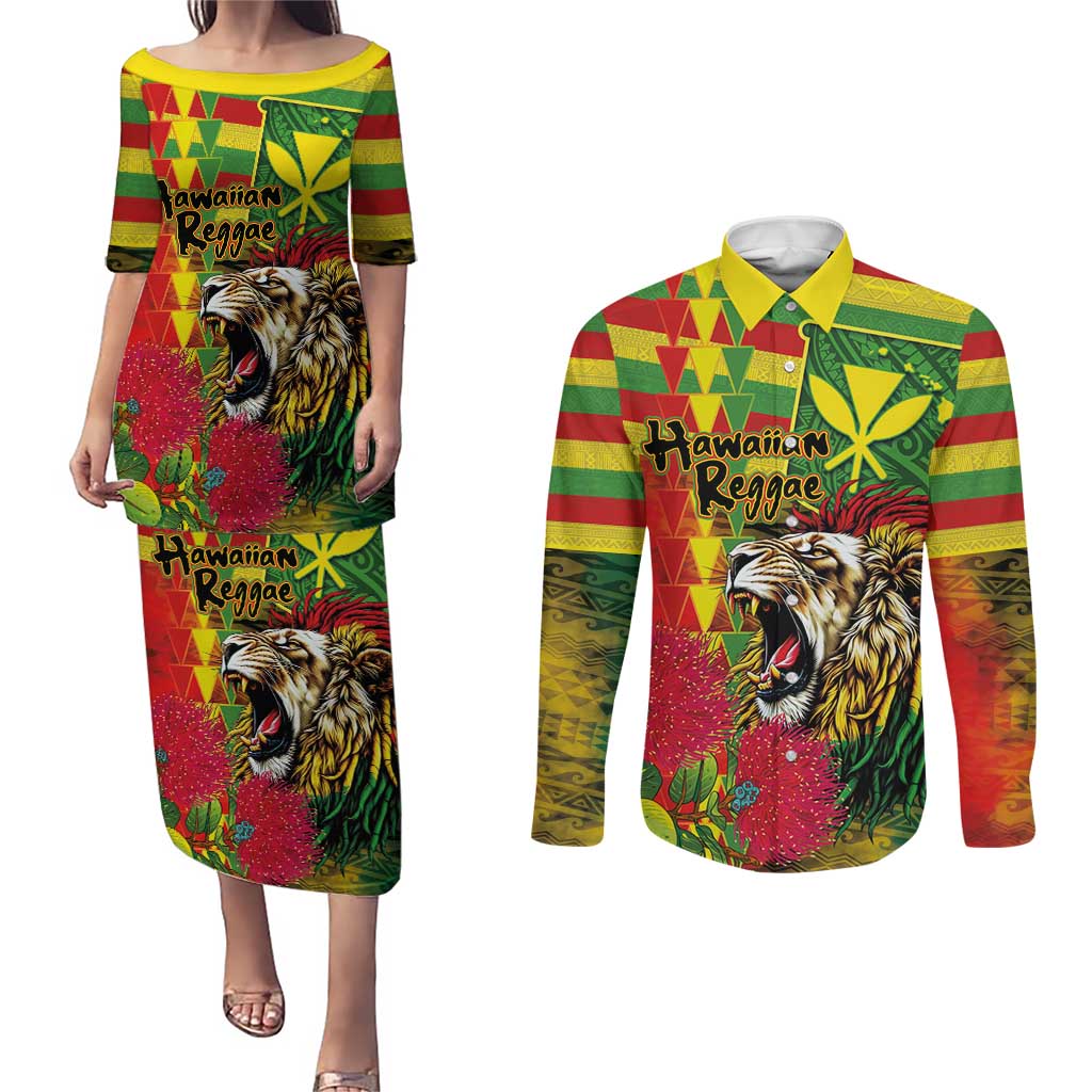 Hawaiian Reggae Couples Matching Puletasi and Long Sleeve Button Shirt Kakau Art Motifs with Ohia Lehua and Rastafari Lion - Polynesian Pride