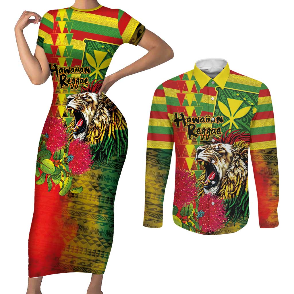 Hawaiian Reggae Couples Matching Short Sleeve Bodycon Dress and Long Sleeve Button Shirt Kakau Art Motifs with Ohia Lehua and Rastafari Lion - Polynesian Pride