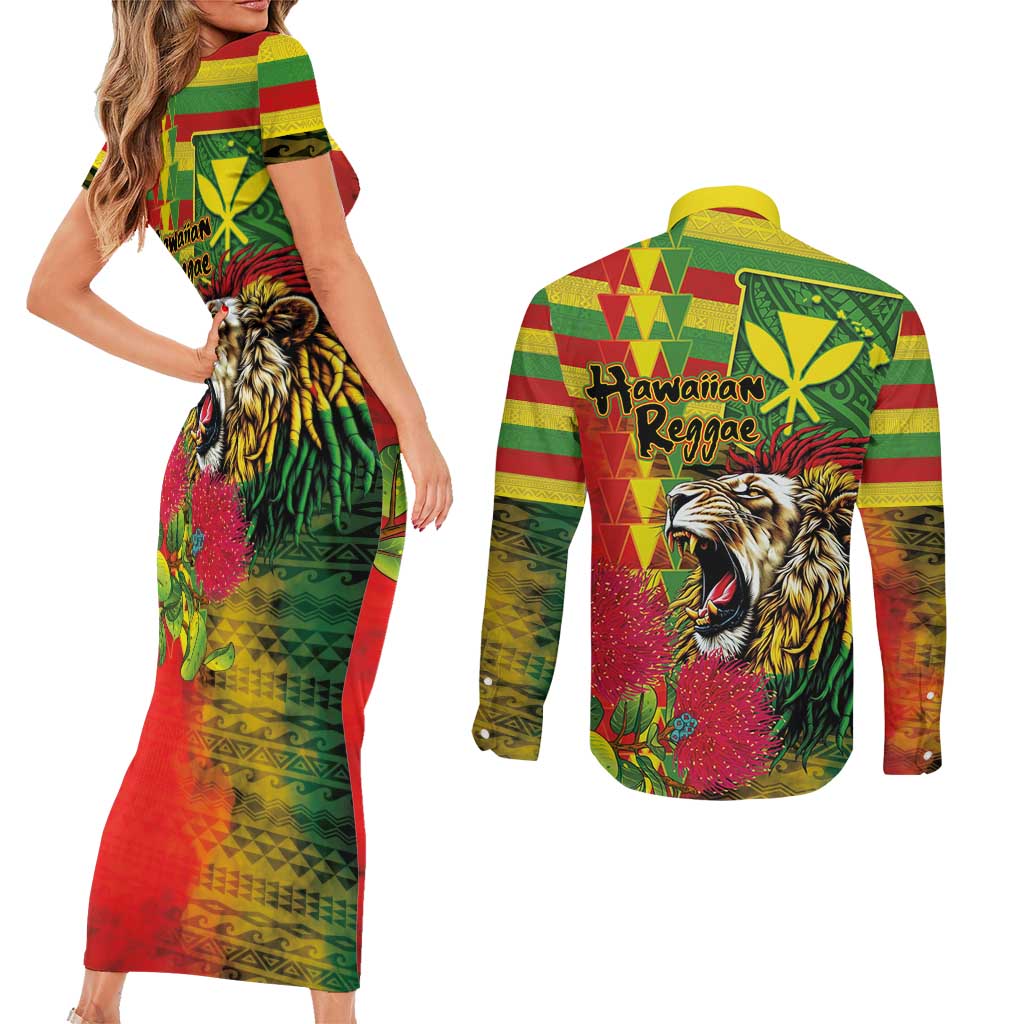 Hawaiian Reggae Couples Matching Short Sleeve Bodycon Dress and Long Sleeve Button Shirt Kakau Art Motifs with Ohia Lehua and Rastafari Lion - Polynesian Pride