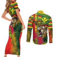 Hawaiian Reggae Couples Matching Short Sleeve Bodycon Dress and Long Sleeve Button Shirt Kakau Art Motifs with Ohia Lehua and Rastafari Lion - Polynesian Pride