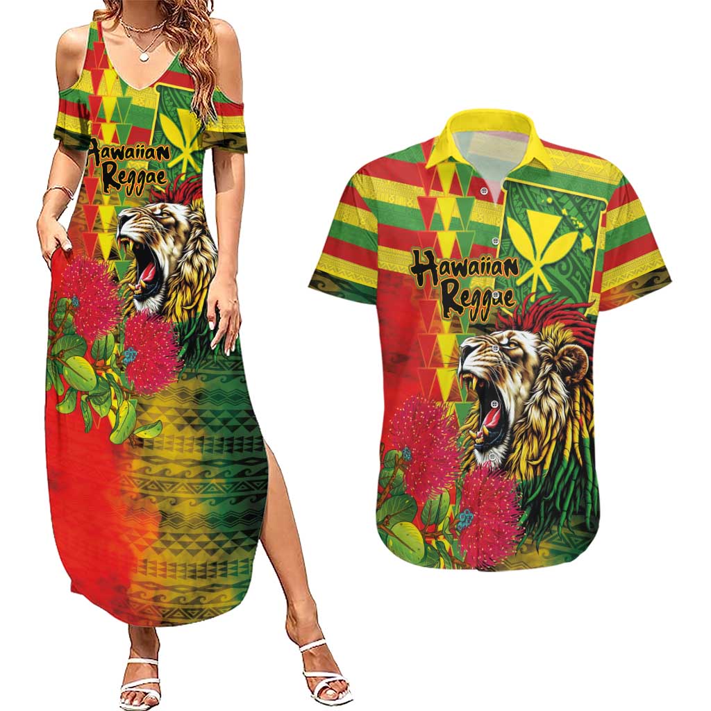 Hawaiian Reggae Couples Matching Summer Maxi Dress and Hawaiian Shirt Kakau Art Motifs with Ohia Lehua and Rastafari Lion - Polynesian Pride