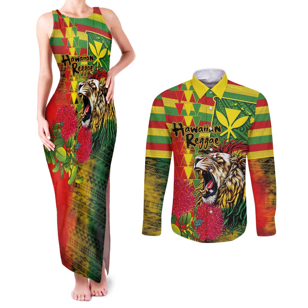 Hawaiian Reggae Couples Matching Tank Maxi Dress and Long Sleeve Button Shirt Kakau Art Motifs with Ohia Lehua and Rastafari Lion - Polynesian Pride