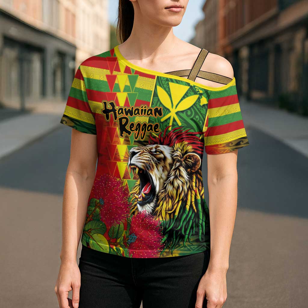 Hawaiian Reggae Cross Shoulder Shirt Kakau Art Motifs with Ohia Lehua and Rastafari Lion - Polynesian Pride