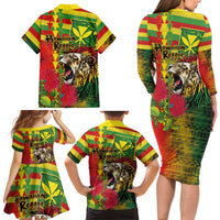 Hawaiian Reggae Family Matching Long Sleeve Bodycon Dress and Hawaiian Shirt Kakau Art Motifs with Ohia Lehua and Rastafari Lion - Polynesian Pride