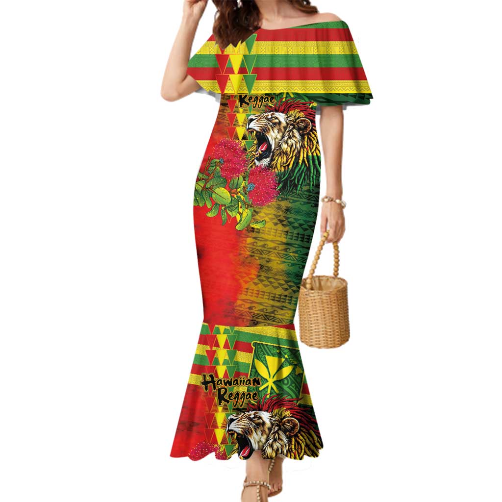 Hawaiian Reggae Family Matching Mermaid Dress and Hawaiian Shirt Kakau Art Motifs with Ohia Lehua and Rastafari Lion - Polynesian Pride