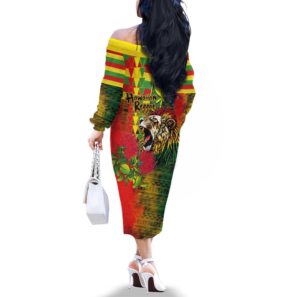 Hawaiian Reggae Family Matching Off The Shoulder Long Sleeve Dress and Hawaiian Shirt Kakau Art Motifs with Ohia Lehua and Rastafari Lion - Polynesian Pride