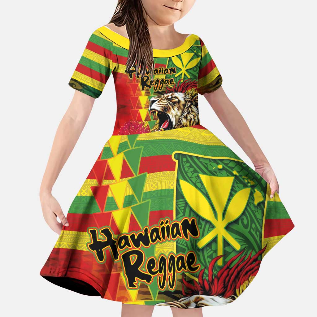 Hawaiian Reggae Family Matching Off Shoulder Short Dress and Hawaiian Shirt Kakau Art Motifs with Ohia Lehua and Rastafari Lion LT03 Daughter's Dress Multicolor - Polynesian Pride