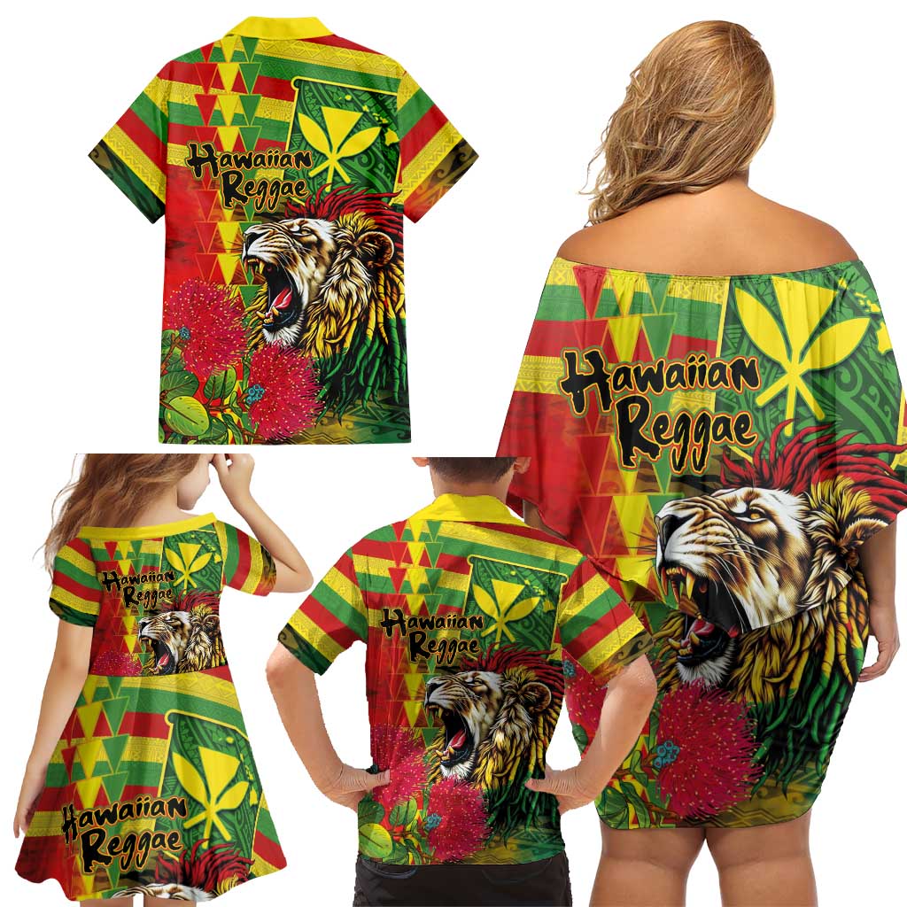 Hawaiian Reggae Family Matching Off Shoulder Short Dress and Hawaiian Shirt Kakau Art Motifs with Ohia Lehua and Rastafari Lion LT03 - Polynesian Pride