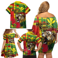 Hawaiian Reggae Family Matching Off Shoulder Short Dress and Hawaiian Shirt Kakau Art Motifs with Ohia Lehua and Rastafari Lion LT03 - Polynesian Pride