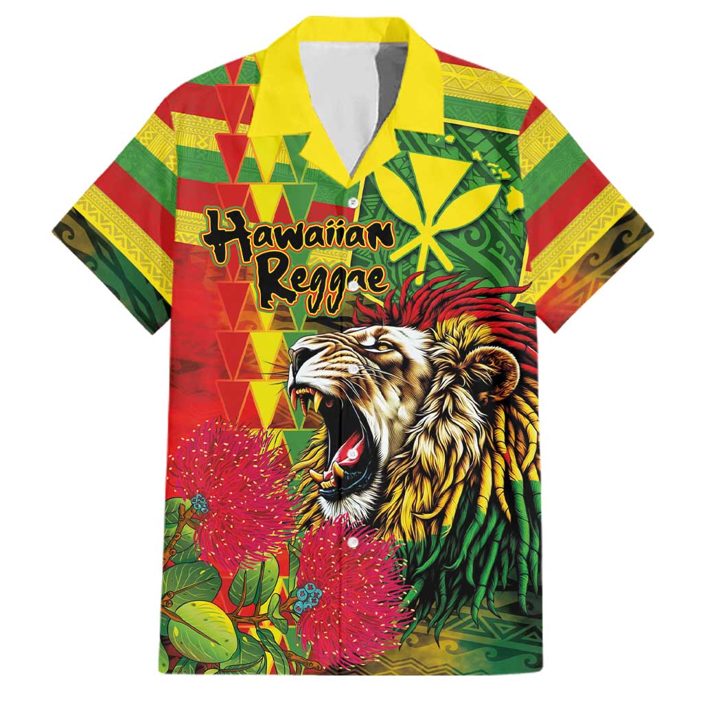 Hawaiian Reggae Family Matching Off Shoulder Short Dress and Hawaiian Shirt Kakau Art Motifs with Ohia Lehua and Rastafari Lion LT03 Dad's Shirt - Short Sleeve Multicolor - Polynesian Pride