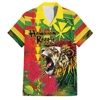 Hawaiian Reggae Family Matching Off Shoulder Short Dress and Hawaiian Shirt Kakau Art Motifs with Ohia Lehua and Rastafari Lion LT03 Dad's Shirt - Short Sleeve Multicolor - Polynesian Pride