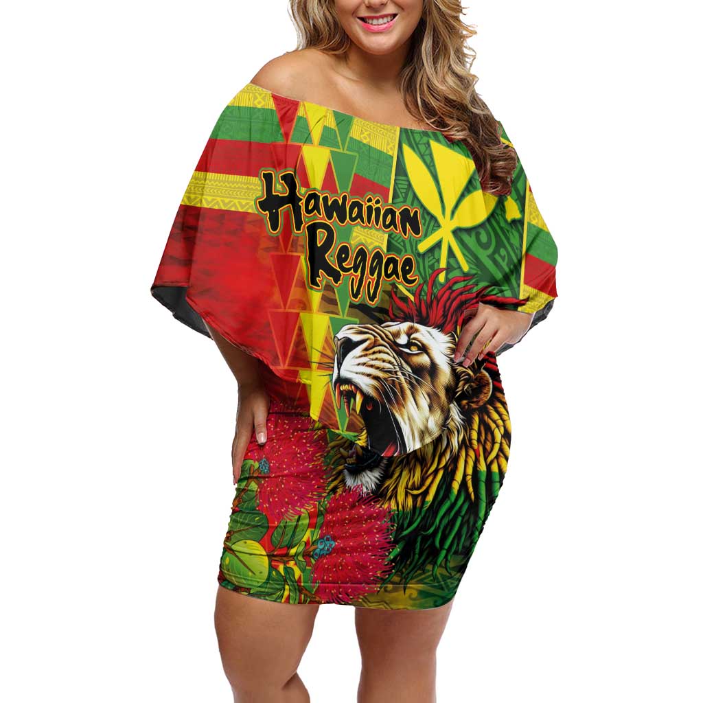 Hawaiian Reggae Family Matching Off Shoulder Short Dress and Hawaiian Shirt Kakau Art Motifs with Ohia Lehua and Rastafari Lion LT03 Mom's Dress Multicolor - Polynesian Pride