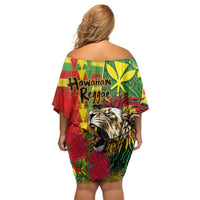 Hawaiian Reggae Family Matching Off Shoulder Short Dress and Hawaiian Shirt Kakau Art Motifs with Ohia Lehua and Rastafari Lion LT03 - Polynesian Pride