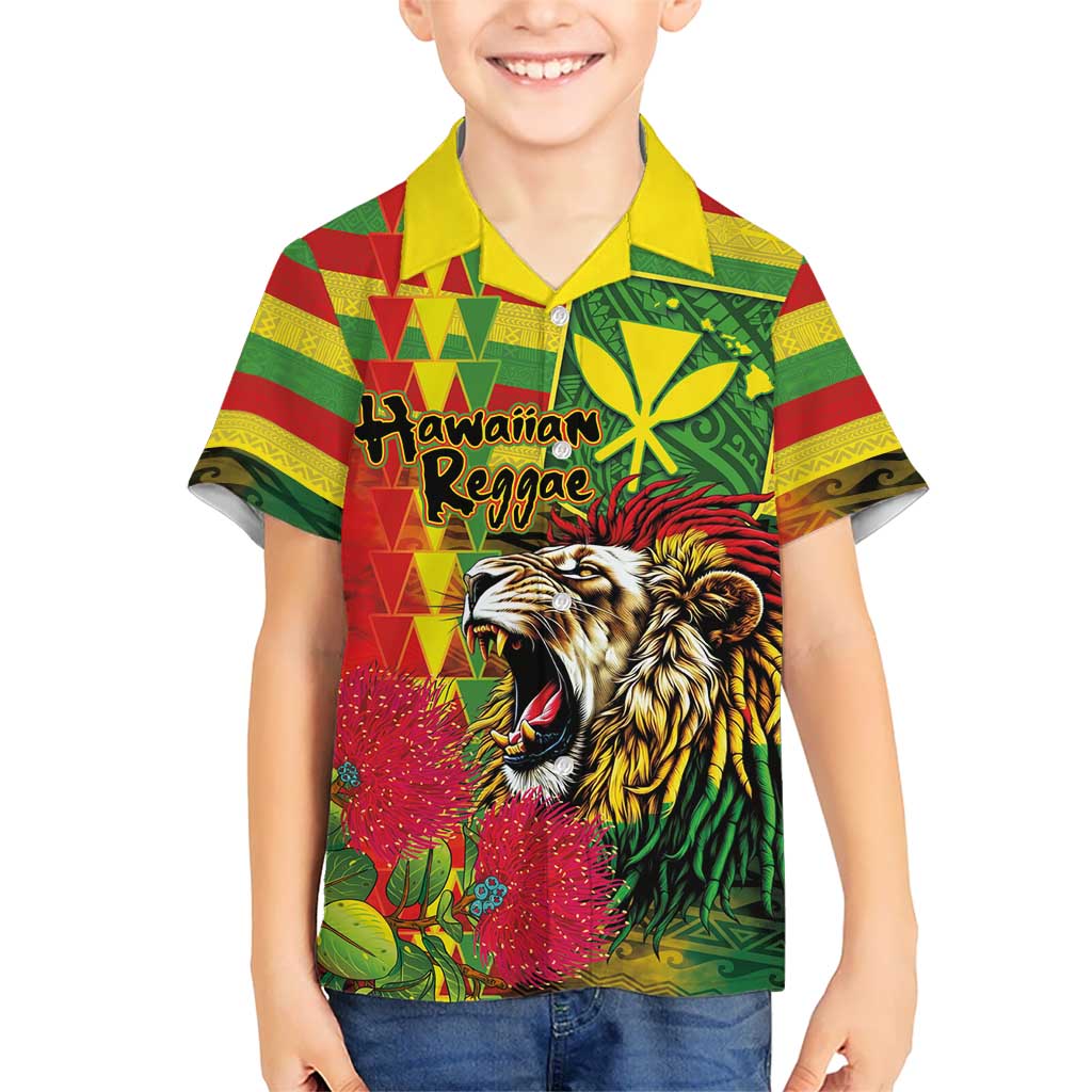Hawaiian Reggae Family Matching Off Shoulder Short Dress and Hawaiian Shirt Kakau Art Motifs with Ohia Lehua and Rastafari Lion LT03 Son's Shirt Multicolor - Polynesian Pride