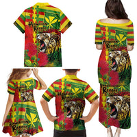 Hawaiian Reggae Family Matching Puletasi and Hawaiian Shirt Kakau Art Motifs with Ohia Lehua and Rastafari Lion - Polynesian Pride