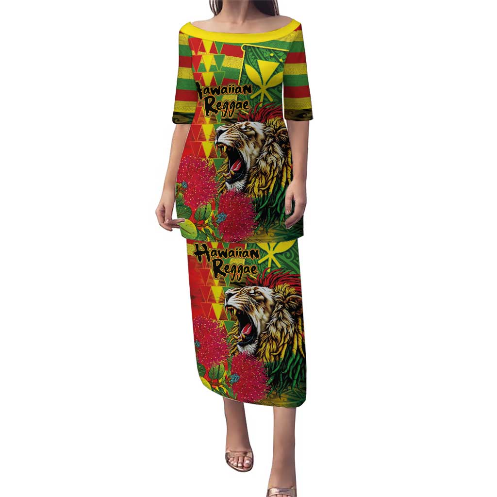 Hawaiian Reggae Family Matching Puletasi and Hawaiian Shirt Kakau Art Motifs with Ohia Lehua and Rastafari Lion - Polynesian Pride