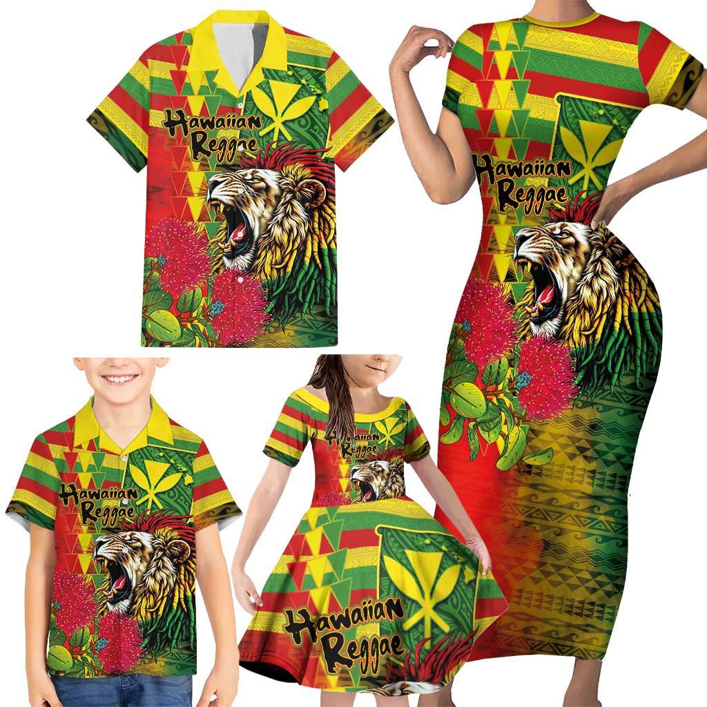 Hawaiian Reggae Family Matching Short Sleeve Bodycon Dress and Hawaiian Shirt Kakau Art Motifs with Ohia Lehua and Rastafari Lion - Polynesian Pride