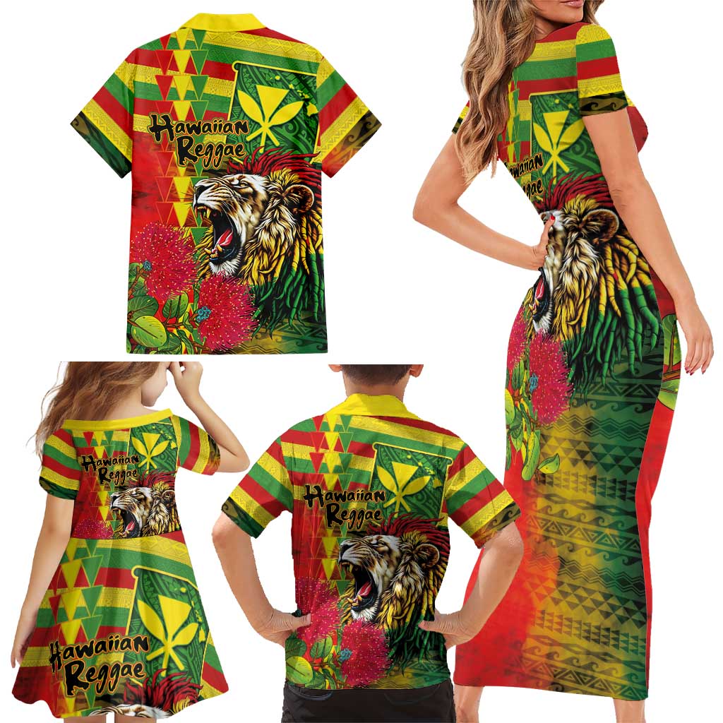 Hawaiian Reggae Family Matching Short Sleeve Bodycon Dress and Hawaiian Shirt Kakau Art Motifs with Ohia Lehua and Rastafari Lion - Polynesian Pride