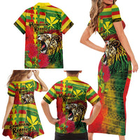 Hawaiian Reggae Family Matching Short Sleeve Bodycon Dress and Hawaiian Shirt Kakau Art Motifs with Ohia Lehua and Rastafari Lion - Polynesian Pride