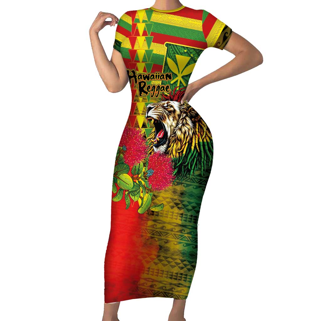Hawaiian Reggae Family Matching Short Sleeve Bodycon Dress and Hawaiian Shirt Kakau Art Motifs with Ohia Lehua and Rastafari Lion - Polynesian Pride