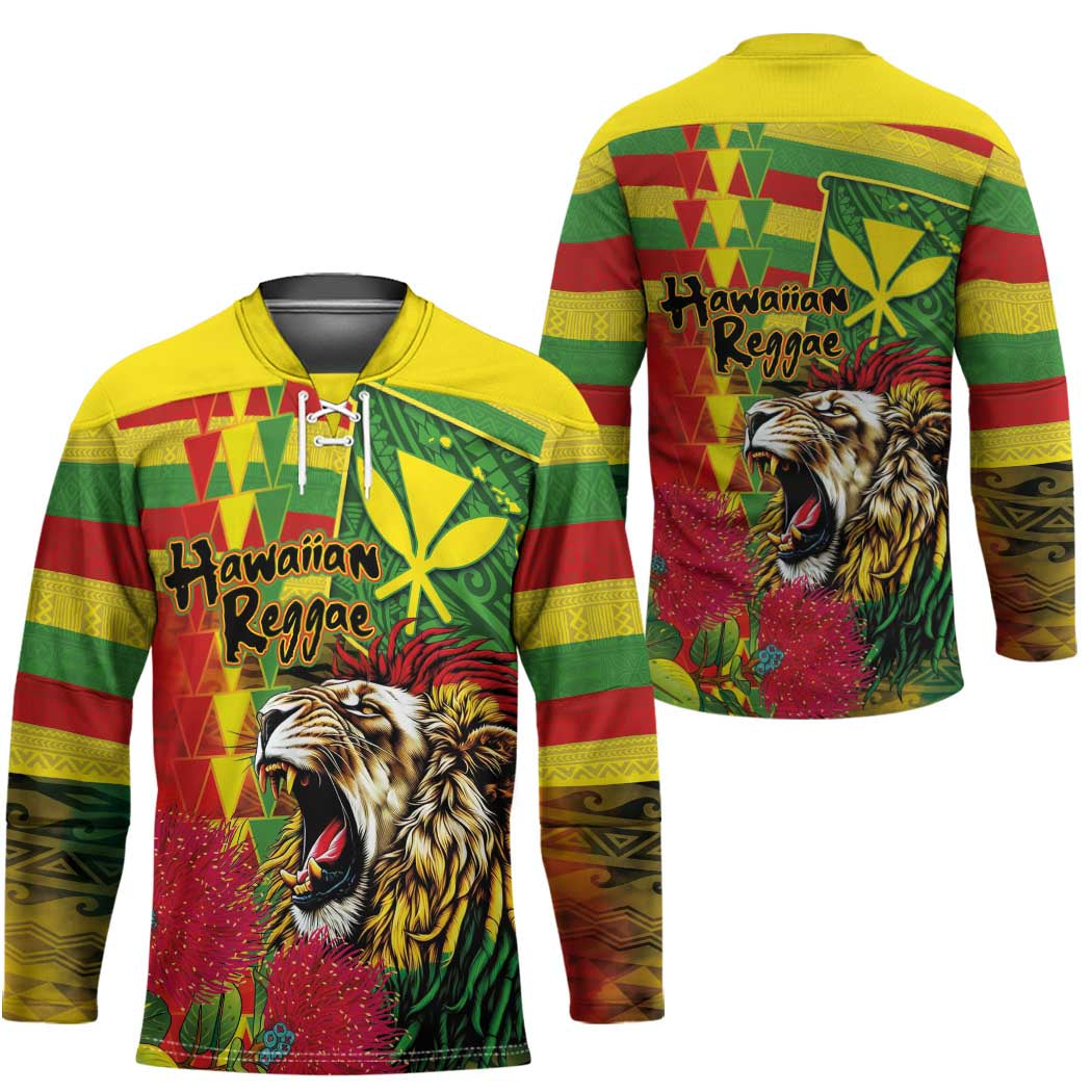 Hawaiian Reggae Hockey Jersey Kakau Art Motifs with Ohia Lehua and Rastafari Lion - Polynesian Pride
