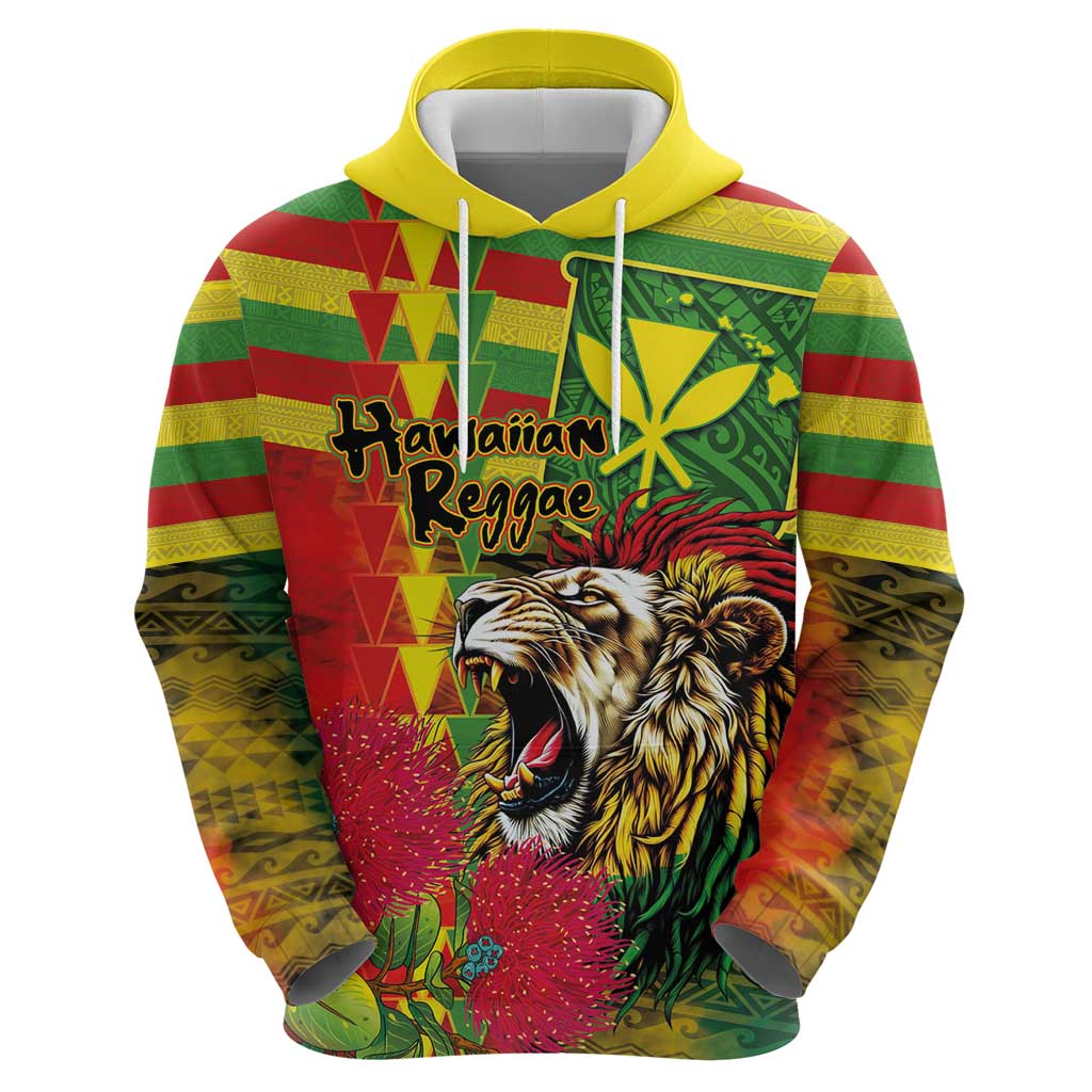 Hawaiian Reggae Hoodie Kakau Art Motifs with Ohia Lehua and Rastafari Lion - Polynesian Pride
