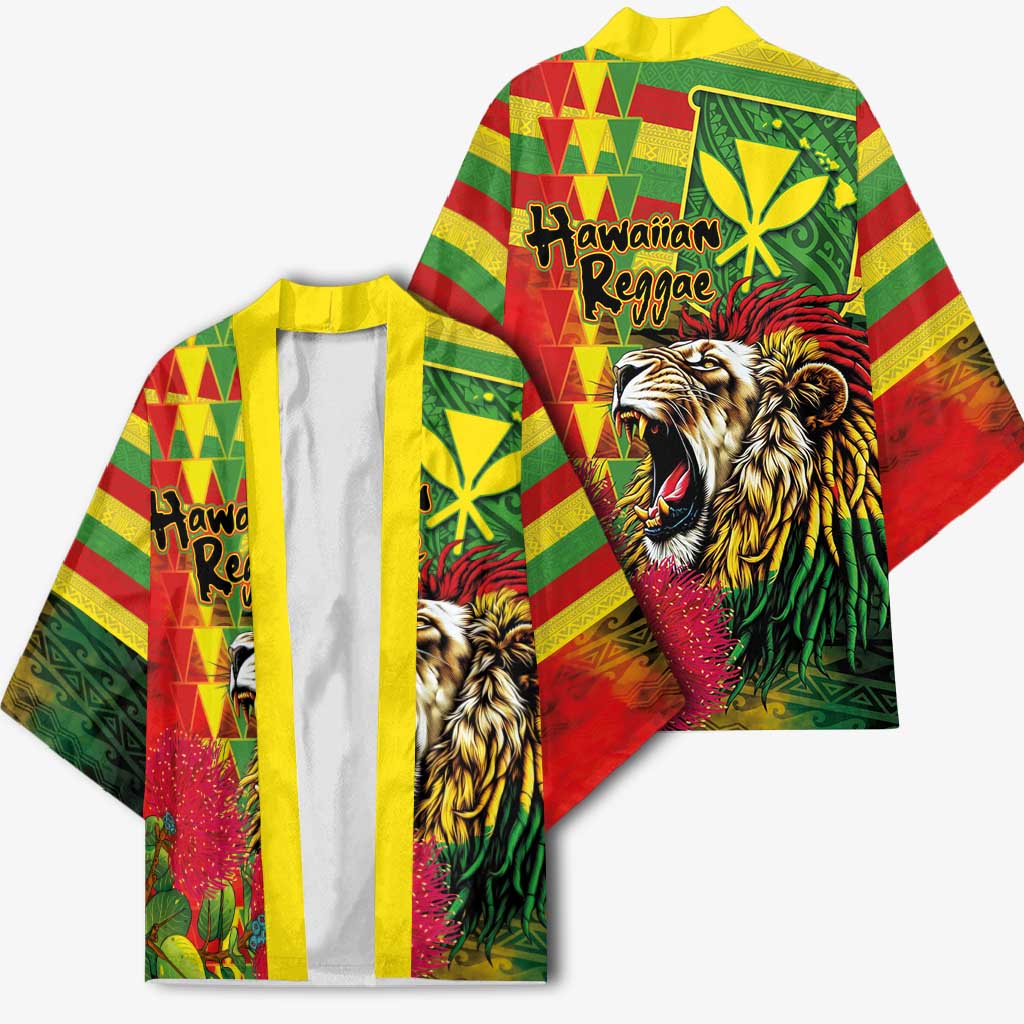 Hawaiian Reggae Kimono Kakau Art Motifs with Ohia Lehua and Rastafari Lion LT03 - Polynesian Pride