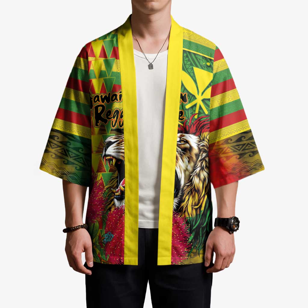 Hawaiian Reggae Kimono Kakau Art Motifs with Ohia Lehua and Rastafari Lion LT03 - Polynesian Pride