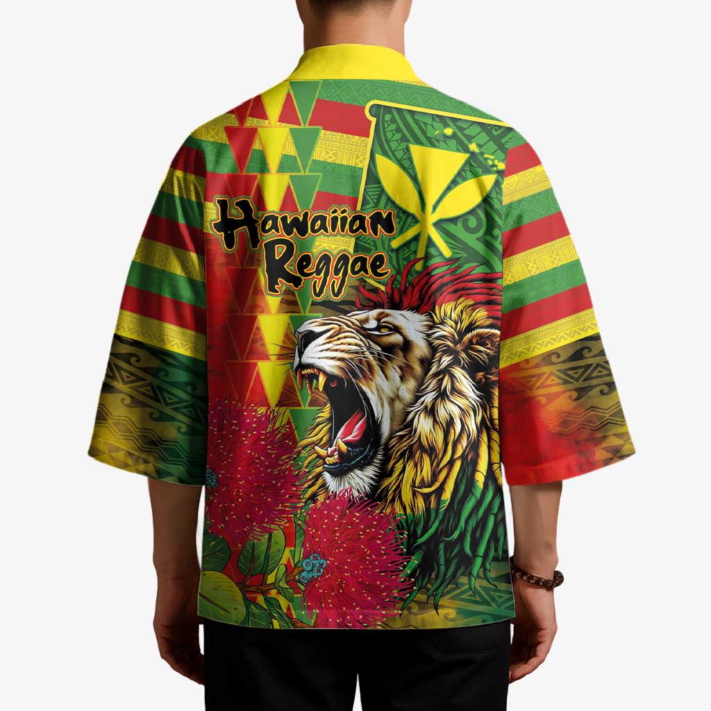 Hawaiian Reggae Kimono Kakau Art Motifs with Ohia Lehua and Rastafari Lion LT03 - Polynesian Pride