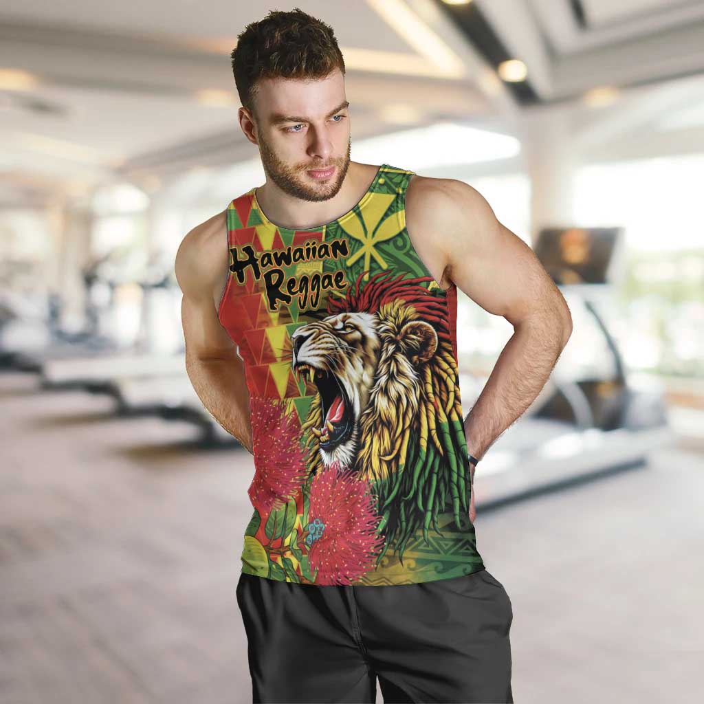 Hawaiian Reggae Men Tank Top Kakau Art Motifs with Ohia Lehua and Rastafari Lion - Polynesian Pride