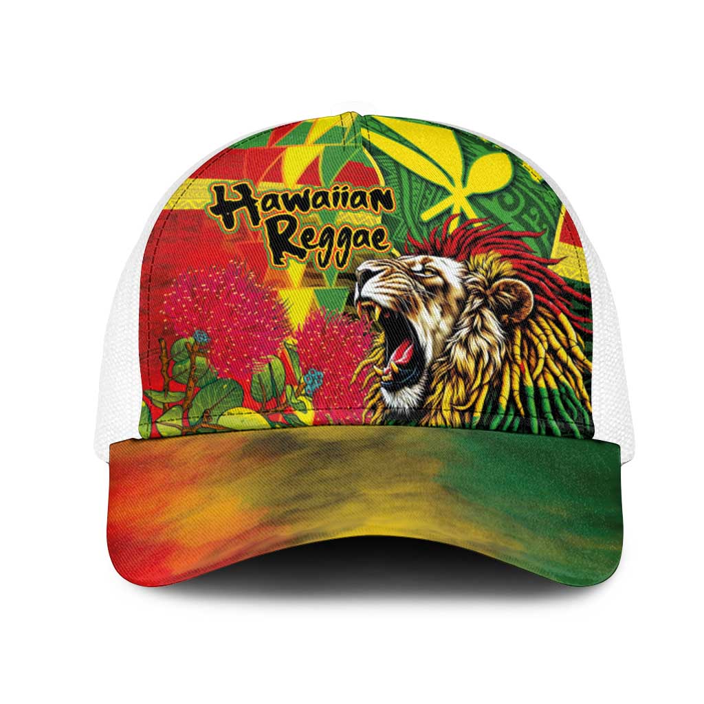 Hawaiian Reggae Mesh Trucker Cap Kakau Art Motifs with Ohia Lehua and Rastafari Lion - Polynesian Pride