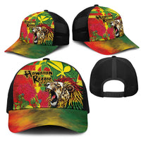 Hawaiian Reggae Mesh Trucker Cap Kakau Art Motifs with Ohia Lehua and Rastafari Lion - Polynesian Pride