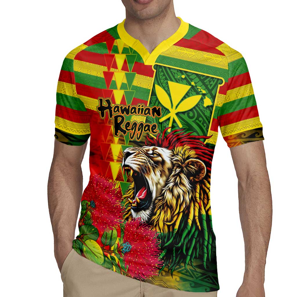 Hawaiian Reggae Rugby Jersey Kakau Art Motifs with Ohia Lehua and Rastafari Lion - Polynesian Pride