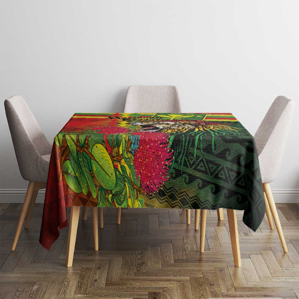 Hawaiian Reggae Tablecloth Kakau Art Motifs with Ohia Lehua and Rastafari Lion LT03 - Polynesian Pride