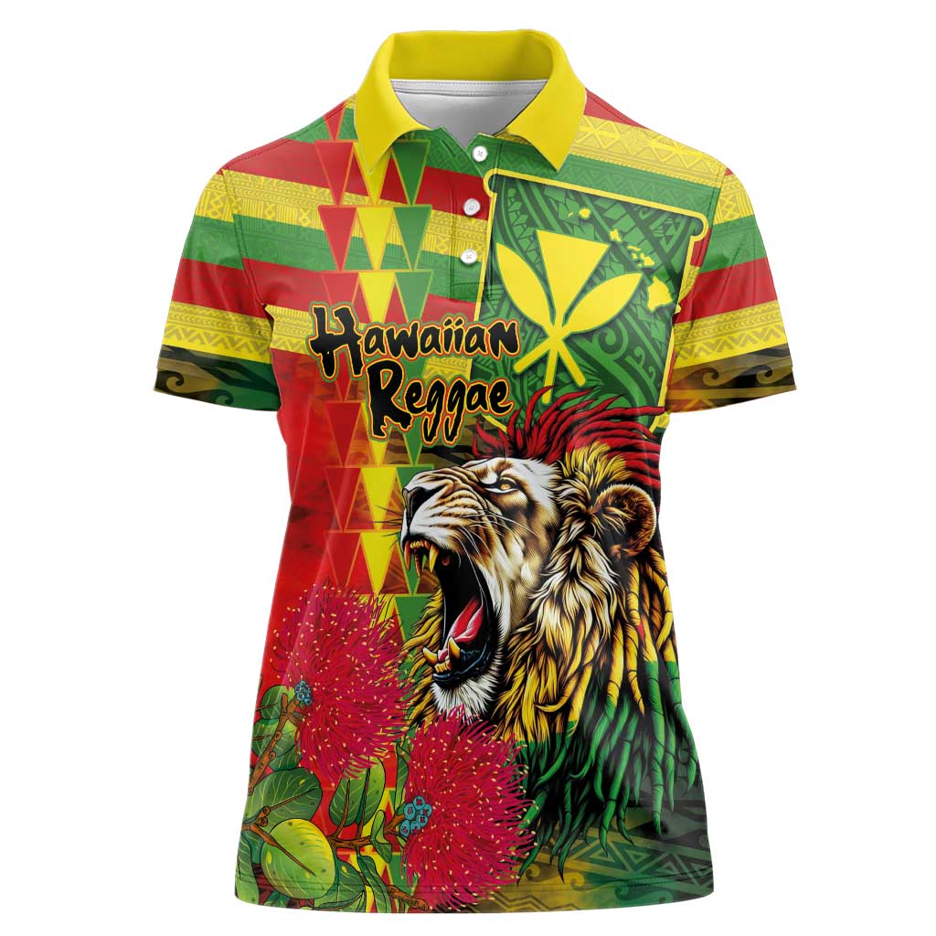 Hawaiian Reggae Women Polo Shirt Kakau Art Motifs with Ohia Lehua and Rastafari Lion - Polynesian Pride