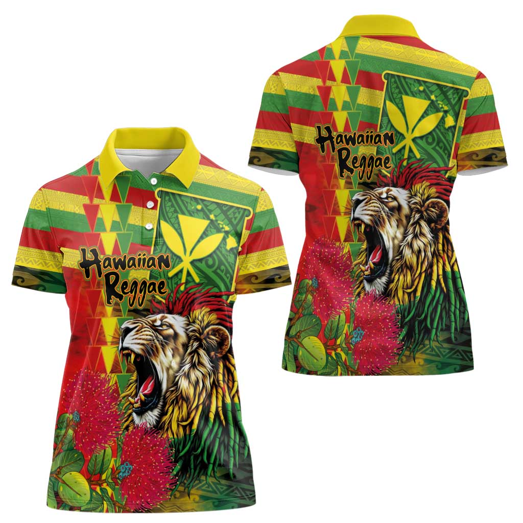 Hawaiian Reggae Women Polo Shirt Kakau Art Motifs with Ohia Lehua and Rastafari Lion - Polynesian Pride