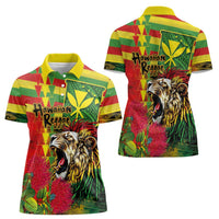 Hawaiian Reggae Women Polo Shirt Kakau Art Motifs with Ohia Lehua and Rastafari Lion - Polynesian Pride