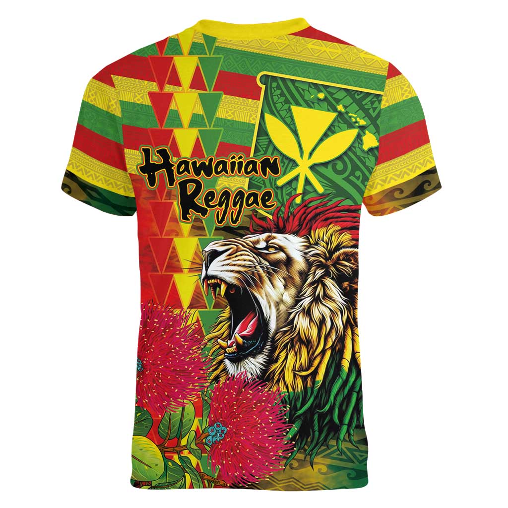 Hawaiian Reggae Women V-Neck T-Shirt Kakau Art Motifs with Ohia Lehua and Rastafari Lion - Polynesian Pride