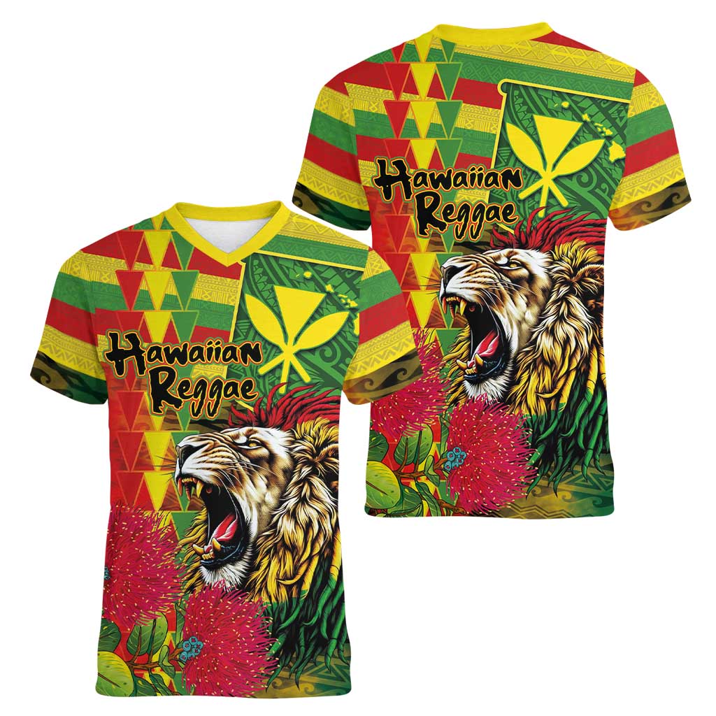 Hawaiian Reggae Women V-Neck T-Shirt Kakau Art Motifs with Ohia Lehua and Rastafari Lion - Polynesian Pride