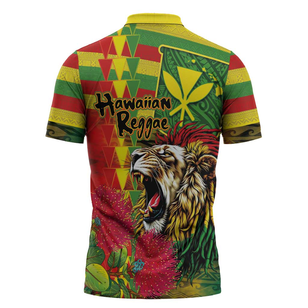 Hawaiian Reggae Zipper Polo Shirt Kakau Art Motifs with Ohia Lehua and Rastafari Lion - Polynesian Pride