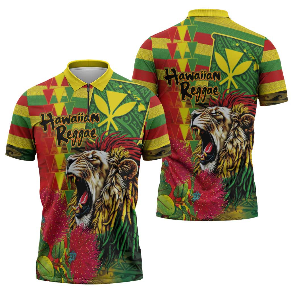Hawaiian Reggae Zipper Polo Shirt Kakau Art Motifs with Ohia Lehua and Rastafari Lion - Polynesian Pride