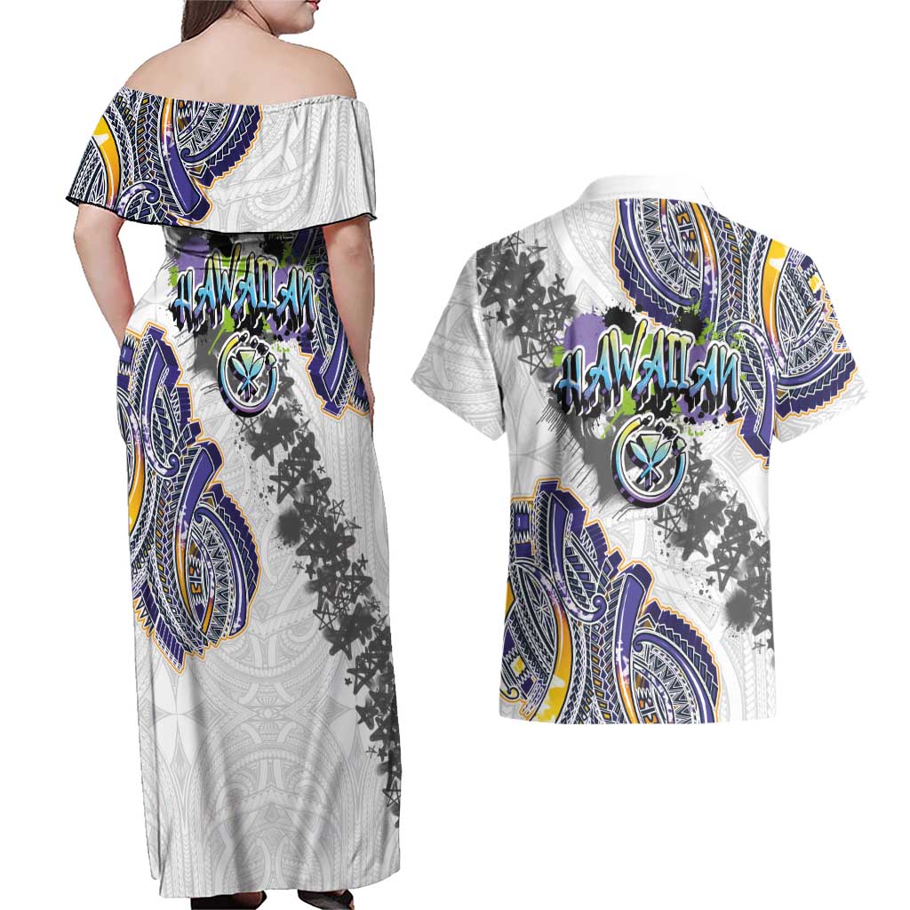 Traditional Art Hawaiian Kakau Tattoos Couples Matching Off Shoulder Maxi Dress and Hawaiian Shirt Graffiti Style - Polynesian Pride