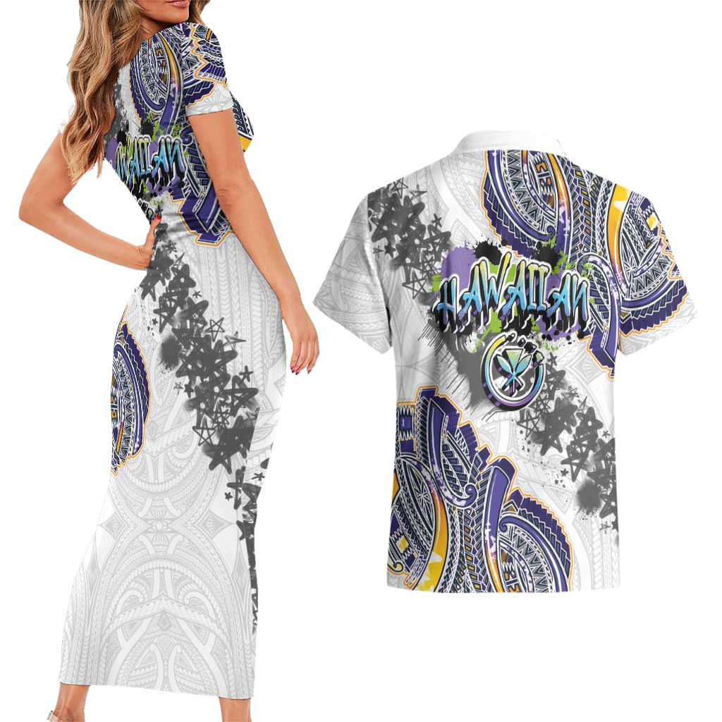 Traditional Art Hawaiian Kakau Tattoos Couples Matching Short Sleeve Bodycon Dress and Hawaiian Shirt Graffiti Style - Polynesian Pride