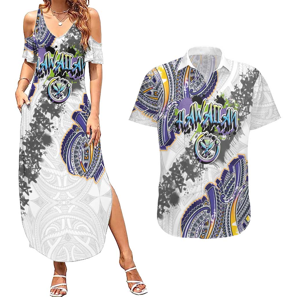Traditional Art Hawaiian Kakau Tattoos Couples Matching Summer Maxi Dress and Hawaiian Shirt Graffiti Style - Polynesian Pride