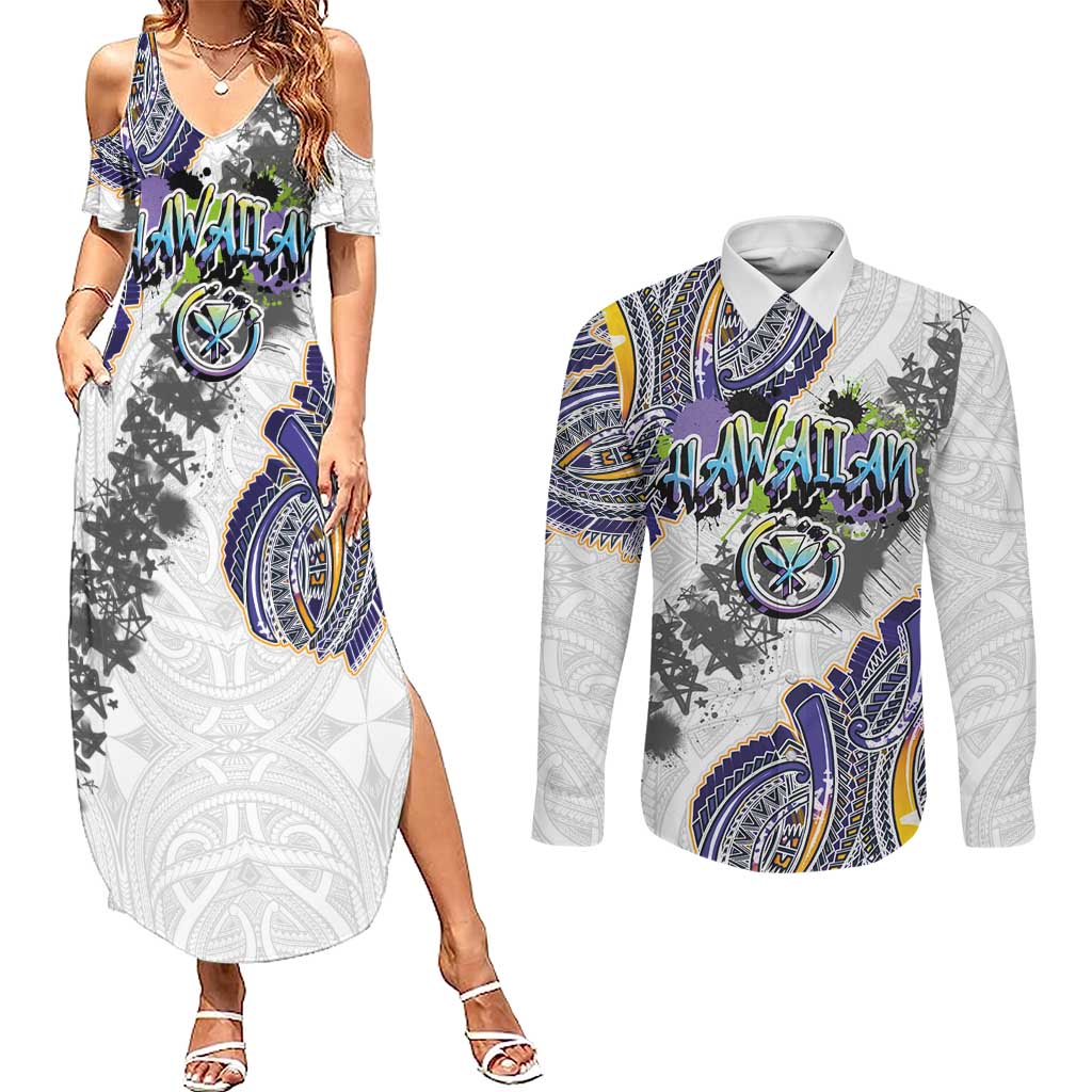 Traditional Art Hawaiian Kakau Tattoos Couples Matching Summer Maxi Dress and Long Sleeve Button Shirt Graffiti Style - Polynesian Pride
