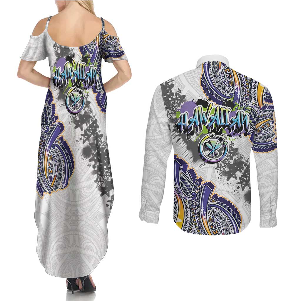 Traditional Art Hawaiian Kakau Tattoos Couples Matching Summer Maxi Dress and Long Sleeve Button Shirt Graffiti Style - Polynesian Pride