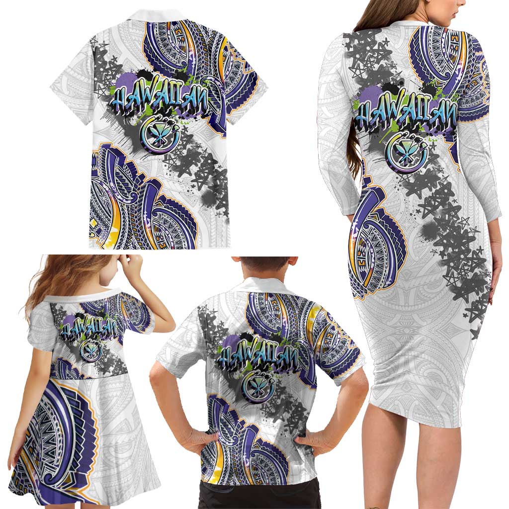 Traditional Art Hawaiian Kakau Tattoos Family Matching Long Sleeve Bodycon Dress and Hawaiian Shirt Graffiti Style - Polynesian Pride