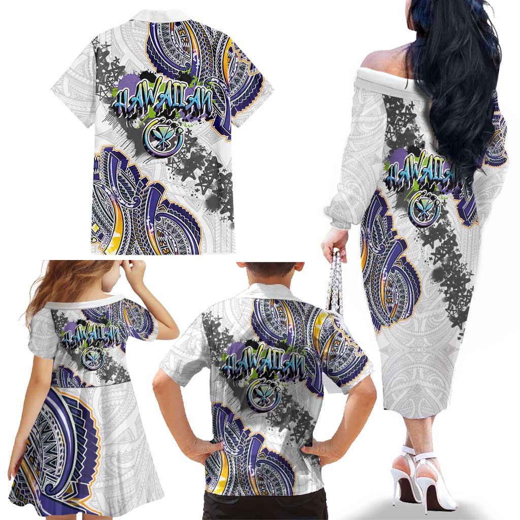 Traditional Art Hawaiian Kakau Tattoos Family Matching Off The Shoulder Long Sleeve Dress and Hawaiian Shirt Graffiti Style - Polynesian Pride